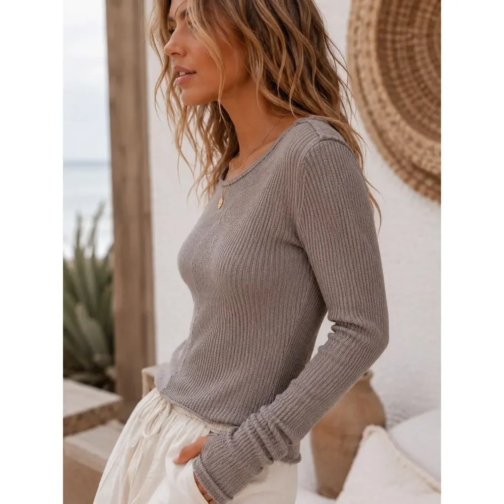 Free People We The Free Waffle Knit Thermal Top Taupe Minimalist Boho Coastal T